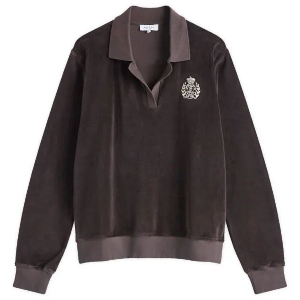 Sporty & Rich Amanda Velour Polo Sweatshirt Brown Crest Logo Portugal Sz M